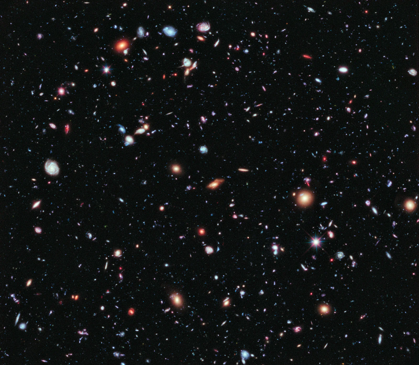 Thousands of galaxies of different shapes, sizes, and colours fill the black sky of the Hubble eXtreme Deep Field.