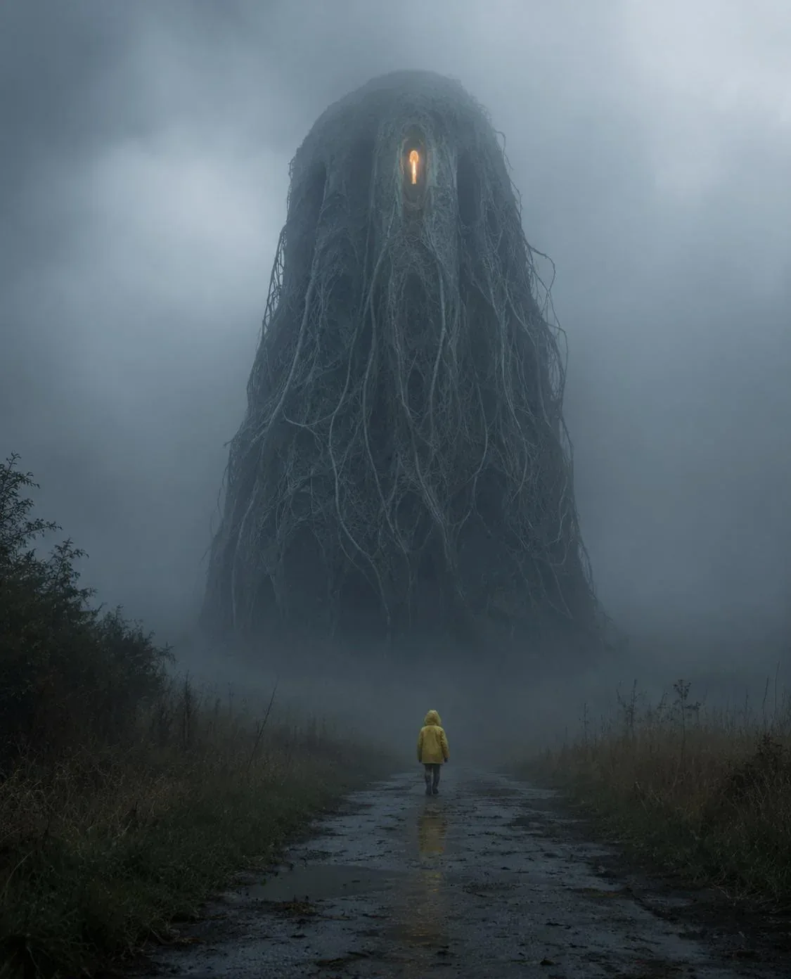 A small child in a yellow raincoat walks a wet road toward an enormous fog-shrouded form hung with pale roots, a single candle flame burning where its face would be.